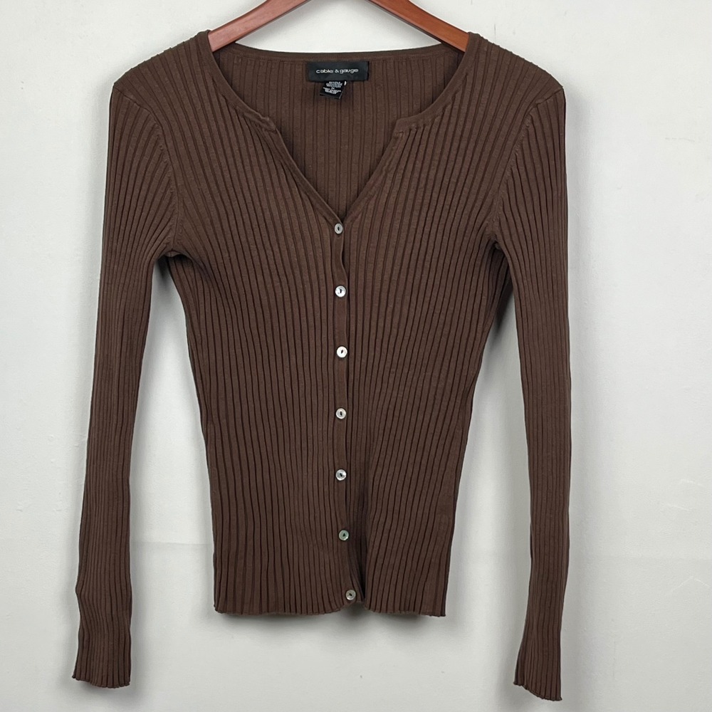 Cable & Gauge Ribbed Silk Blend Cardigan M Choc Brown Y2K Earthy Layering Staple